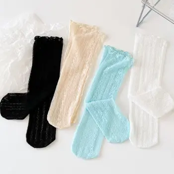 1 пара хлопчатобумажных женских носков Kawaii, чулочно-носочные изделия с цветочным принтом, Носки средней длины, летние чулочно-носочные изделия из тонкой сетки, Мягкие повседневные носки для девочек