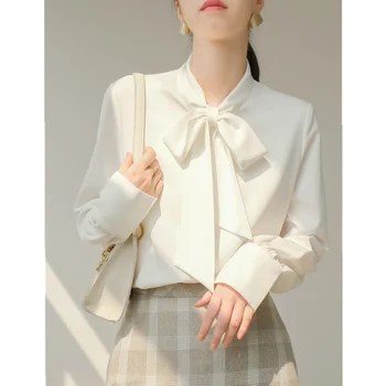 2023 Белая блузка для женщин, Женские Шифоновые блузки с длинными рукавами и бантом, Женская Свободная Корейская модная одежда для поездок на работу, Женский топ