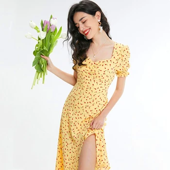 2023 элегантные женские платья Винтажное желтое платье миди с цветочным принтом и прострочкой, женские летние платья для вечеринок