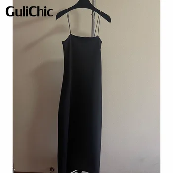 3.16 GuliChic Женское простое, мягкое, удобное, на тонких бретельках, сексуальное черное длинное платье