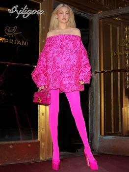 Ailigou 2023, Женское расшитое розами и блестками сексуальное мини-платье с открытыми плечами и длинным рукавом, элегантное вечернее платье знаменитостей