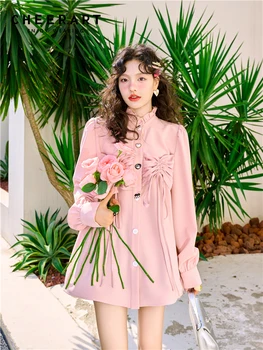 CHEERART, Розовая Длинная рубашка с пышными рукавами для женщин, блузка с оборками и длинным рукавом на пуговицах, Милый топ, Корейская весенняя одежда Для женщин 2023