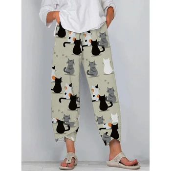CLOOCL Модные женские брюки Harajuku с рисунком милого котенка из мультфильма, брюки с 3D принтом, Свободные повседневные брюки с двойным карманом для отдыха