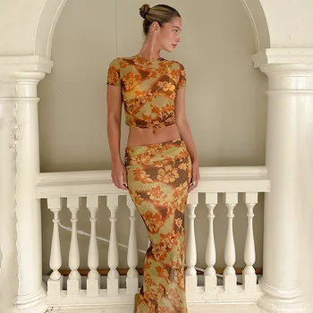 Gtpdpllt Сетчатое платье с цветочным принтом, комплект из двух предметов, укороченный топ и длинная юбка с разрезом, праздничные наряды для женщин, подходящие комплекты