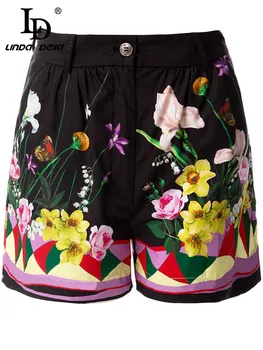 LD LINDA DELLA 2023 Новая взлетно-посадочная полоса Весна Лето Женские черные винтажные шорты с высокой талией и цветочным принтом