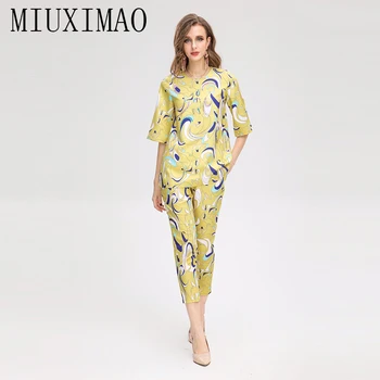 MIUXIMAO 2023 Весенне-летний элегантный комплект с круглым вырезом и коротким рукавом, рубашка с принтом + брюки, модный комплект из двух предметов, женские платья