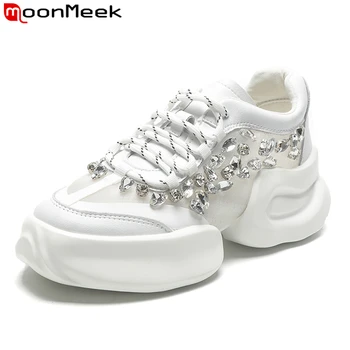 MoonMeek/ 2022 Модная обувь из натуральной кожи, женские кроссовки, массивные кроссовки со стразами, Повседневная обувь на платформе на шнуровке, белая, розовая,