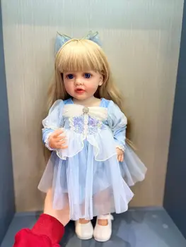 NPK 55СМ Бетти Полнотелая Силиконовая Мягкая на ощупь Возрожденная малышка Принцесса с длинными светлыми волосами в голубом платье, похожая на настоящую куклу-младенца