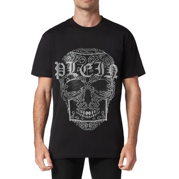 PLEIN BEAR Мужская Черная Классическая футболка с черепом в стиле барокко с кристаллами, Футболки из 100% Хлопка, Мужские топы, Удобные футболки 948