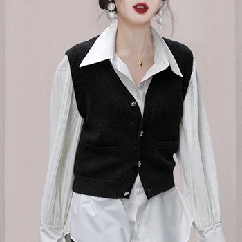 SuperAen, Вязаная майка с V-образным вырезом в винтажном корейском стиле, женская демисезонная жилетка OL с золотыми пуговицами