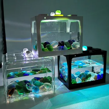 USB-мини-аквариум Betta Mini Aquarium со светодиодной подсветкой Креативный строительный блок Украшение чайного столика в домашнем офисе Коробка для кормления рыб