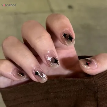 Y2K Black White Star Искусственные накладные ногти с полным покрытием, короткие накладные ногти, съемный пресс для ногтей для женщин и девочек, маникюр своими руками