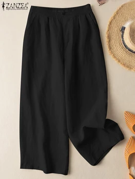 ZANZEA Летние Винтажные Длинные брюки из чистого хлопка, женские модные повседневные широкие брюки, женские панталоны с высокой талией 2023