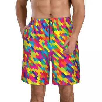 Абстрактная яркая геометрическая сетка, разноцветные формы, мужские пляжные шорты, Быстросохнущий купальник для фитнеса, Забавные уличные 3D шорты