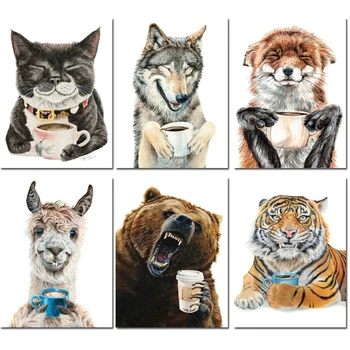 Алмазная живопись Cat Tiger Fox Полная Новая коллекция Animal Drinking Coffee 5D Алмазная вышивка Мультяшная Кухня Подарок для домашнего декора