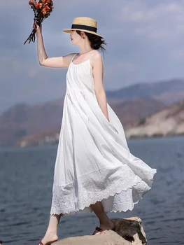 Белое платье Макси на подтяжках, летняя новинка из хлопка, без рукавов, с вышивкой, платья для женщин, элегантное сказочное платье в викторианском стиле