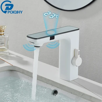 Белый Умный сенсорный смеситель для раковины с цифровым дисплеем, кран для горячей и холодной воды, Бесконтактный смеситель для раковины для ванной комнаты