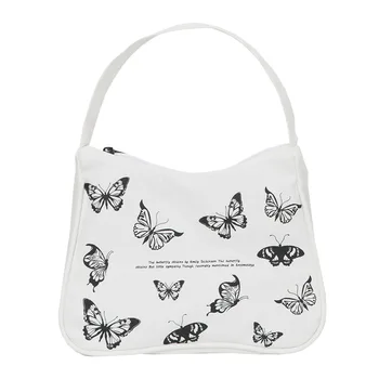 Весенняя женская маленькая сумочка с принтом бабочки, холщовая сумка-тоут, женская модная сумка подмышками, сумки-полумесяцы на молнии, Кошелек из хлопчатобумажной ткани