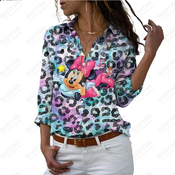 Весенняя новая женская рубашка с длинным рукавом, элегантная 3D печать, женская свободная шифоновая рубашка Disney на пуговицах спереди, свободная уличная рубашка