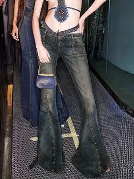 Винтажные джинсы с низкой посадкой с заклепками Женские Y2K Эстетичные Узкие брюки-клеш Уличная мода Тек Ретро Гранж Fairycore Шикарные джинсовые брюки