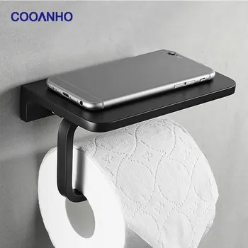 Держатель для рулона туалетной бумаги COOANHO С держателем для мобильного телефона, настенный Стеллаж для хранения ремней из черного алюминия и матового никеля