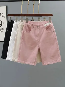 Джинсовые шорты прямого кроя с высокой талией для женщин Летом 2023 года, новый европейский стиль, вестернизированный розовый, свободного кроя, Пятилитровый
