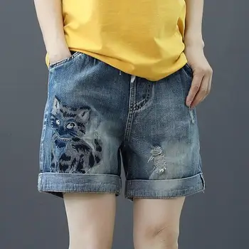 Джинсовые шорты с эластичной резинкой на талии и перфорацией, женские летние новые повседневные джинсы с высокой талией и прямой трубкой, шорты с вышивкой в стиле ретро