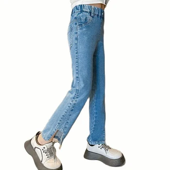Джинсы для девочек, однотонные джинсы для девочек, повседневные детские джинсы, весенне-осенняя одежда для девочек 6, 8, 10, 12, 14 лет