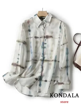 Женская блузка с винтажным принтом KONDALA, длинный рукав, отложной воротник, однобортная свободная блузка, Модные рубашки для летних праздников 2023 года