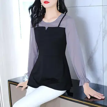 Женская одежда для поездок на работу, однотонная блузка в стиле пэчворк, весна-осень, длинный рукав, модная Корейская универсальная рубашка с круглым вырезом