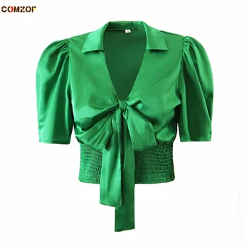 Женская рубашка с коротким рукавом и бантом на талии, зеленая блузка на шнуровке, модные топы, одежда, пуловер, Roupas Femininas