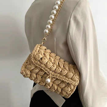 Женская сумка через плечо ручной работы, связанная крючком из веревки, Дизайнерские вязаные сумки через плечо для женщин, сумки с жемчугом, цепочки, сумка-слинг, тоут 2022