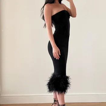 Женские вечерние платья Vestidos, облегающий сексуальный топ с перьями, однотонная юбка средней длины, Traf Vestidos, банкетное женское облегающее платье макси