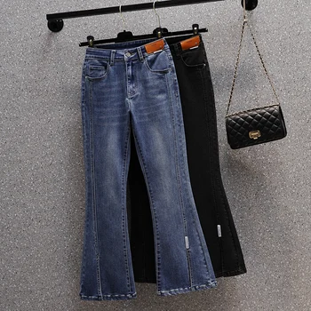 Женские джинсы-клеш с разрезом в стиле пэчворк, стрейчевые нашивки большого размера, джинсовые брюки до щиколоток, женские панталоны Mujer