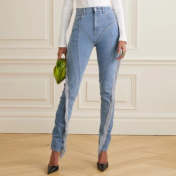 Женские дизайнерские эластичные узкие джинсы-карандаш с высокой талией и цепочками-кисточками, джинсовые брюки High Street