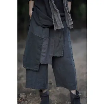 Женские свободные льняные брюки в стиле пэчворк с эластичным поясом, женские свободные льняные брюки неправильной формы, женские винтажные брюки Осень-весна 2021