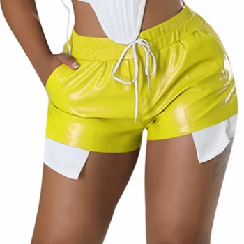 Женские Шикарные Модные шорты из искусственной кожи с боковыми карманами, винтажные шорты с высокой талией и эластичной резинкой на талии, женские короткие брюки Mujer 2023