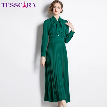 Женское Весеннее Длинное Элегантное Плиссированное платье TESSCARA Festa, Высококачественный Офисный халат для коктейльной вечеринки, Винтажное Дизайнерское Зеленое платье Vestidos