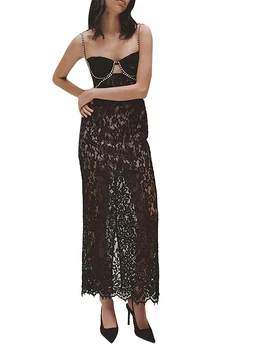 Женское длинное облегающее платье на бретелях, черное прозрачное кружевное платье с цветочным рисунком без рукавов, летняя уличная одежда