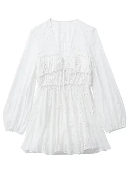 Женщины 2023, осень, Новое Шикарное Модное белое мини-платье с вырезами, Винтажные женские платья с отворотом и длинным рукавом, Vestidos Mujer