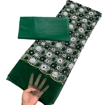 Зеленое + Белое Африканское Сетчатое Кружево С Блестками, Африканская Кружевная Ткань Bazin Brode 2,5 + 2,5 Ярда, Африканская Ткань Bazin Riche Для Платья K293
