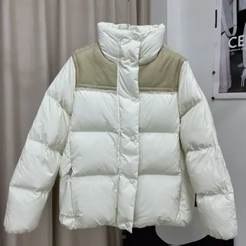 Зимняя женская пуховая куртка со стоячим воротником Y2K из овечьей шерсти сращивание дизайн Повседневная куртка свободное теплое пальто на однорядных пуговицах мода