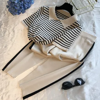 Комплект из двух предметов SMTHMA, женские летние трикотажные полосатые футболки с коротким рукавом + брюки полной длины с эластичной талией