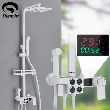 Комплект термостатической душевой системы Shinesia, Смеситель для душа с цифровым дисплеем, смеситель для ванной комнаты, смеситель для ванны с полкой, Белый / черный
