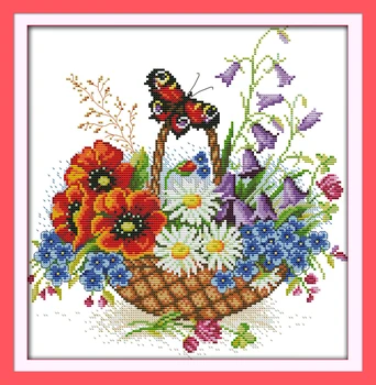 Корзина с цветами и бабочка, набор для вышивания крестиком, 14-каратный 11-каратный цветок, ткань с принтом, холст, вышивка, рукоделие ручной работы