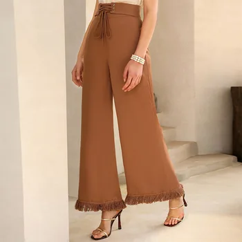 Кружевные шифоновые широкие брюки с высокой талией, весенне-летние повседневные брюки, однотонные женские брюки с кисточками, элегантные модные брюки