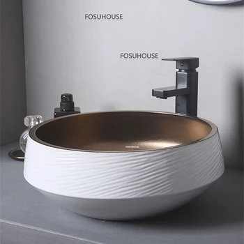 Легкая роскошная керамическая раковина для ванной комнаты, Мини-приспособление для ванной комнаты, раковина для дома, Круглый Креативный дизайн, Металлическая столешница с глазурью, Умывальник