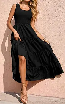 Летние гофрированные повседневные платья трапециевидной формы в стиле пэчворк, женское длинное платье макси без рукавов с круглым вырезом, 2023, хаки, черный, красный, одежда