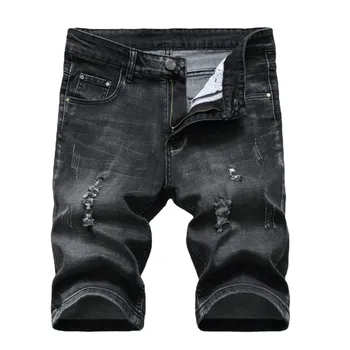 Летние мужские рваные джинсовые шорты Мужской тренд Tide Модные стрейчевые брюки длиной до колена Прямые повседневные шорты для мальчиков Джинсы Черный Серый
