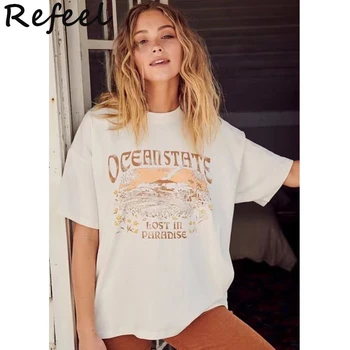Летние футболки Refeel оверсайз для девочек с буквенным принтом, дизайнерский хлопковый свободный женский топ с круглым вырезом на пляже на Хай-стрит